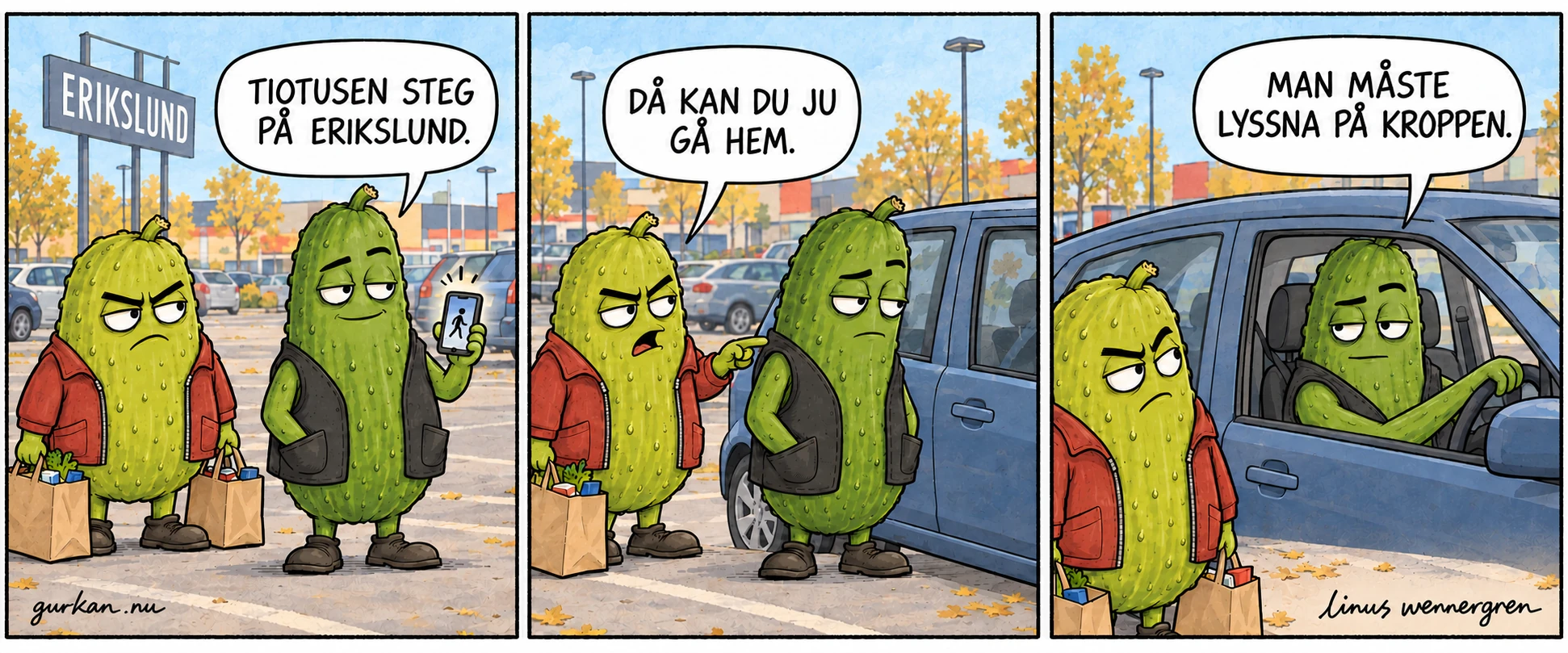 Tre rutor på Erikslunds parkering. Gurkan visar stolt tiotusen steg på mobilen. Kompisen föreslår att han går hem. Gurkan sätter sig i bilen och säger att man måste lyssna på kroppen.